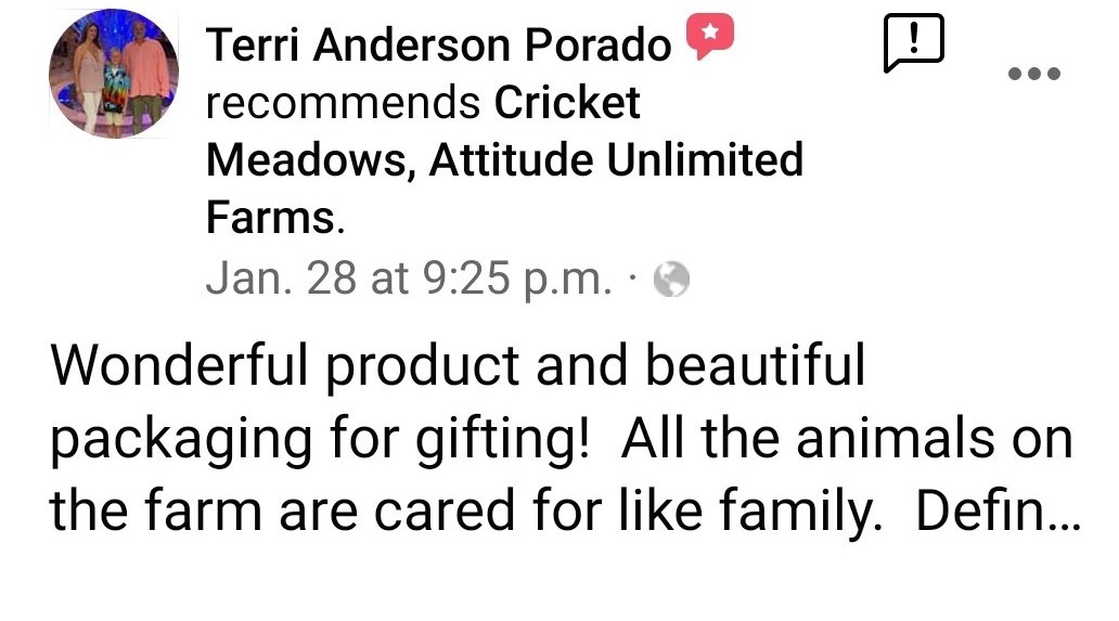 Wonderful product and beautiful packaging for gifting! All the animals on the farm are cared for like family. Definitely... dated Jan 28, 2020 by Terry Porado